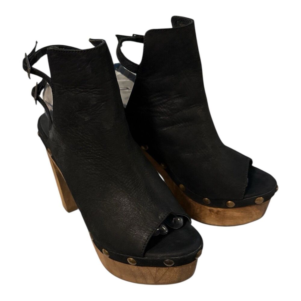 Five Worlds Wooden Platform Wedge Sandals Leather Studs Slingback Peep Toe Sz 9